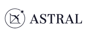 Billedet viser ordet "ASTRAL" i en fed, moderne skrifttype, ledsaget af et cirkulært logo, der indeholder en stjerne og en geometrisk form. Farveskemaet er primært mørkt med et minimalistisk design.