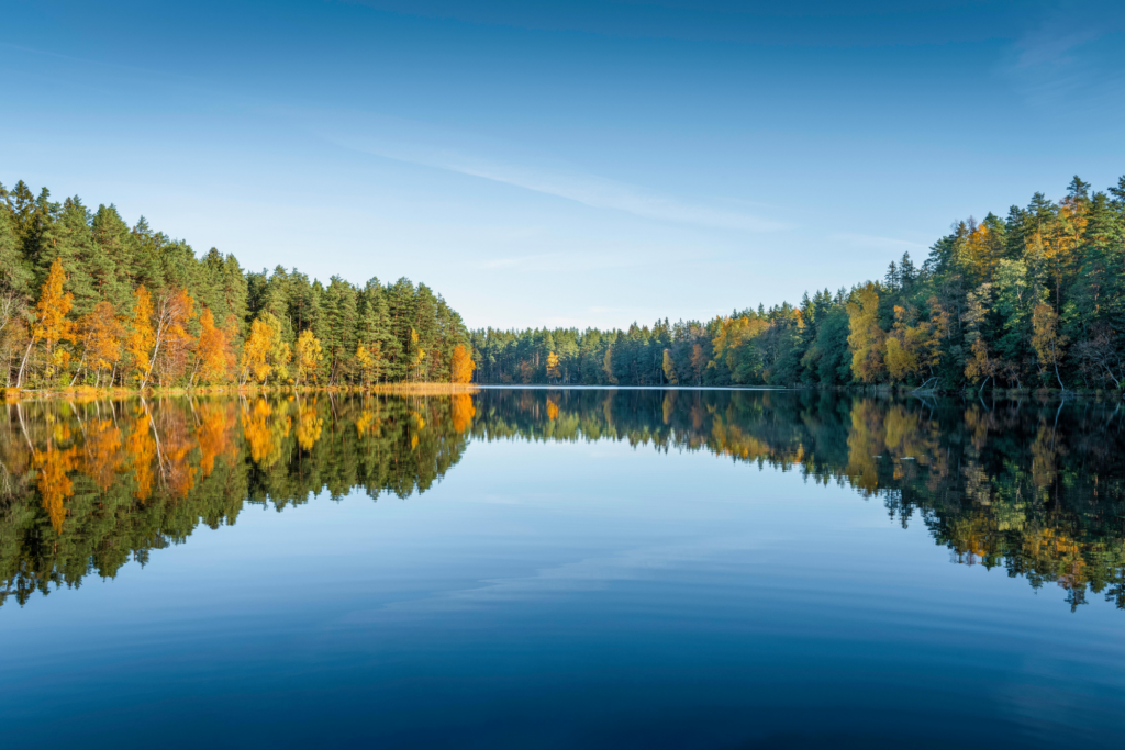 A serene lake surrounded by trees displaying autumn foliage. The trees are a mix of green, yellow, and orange, reflecting in the calm water. The sky is clear with a few wispy clouds.