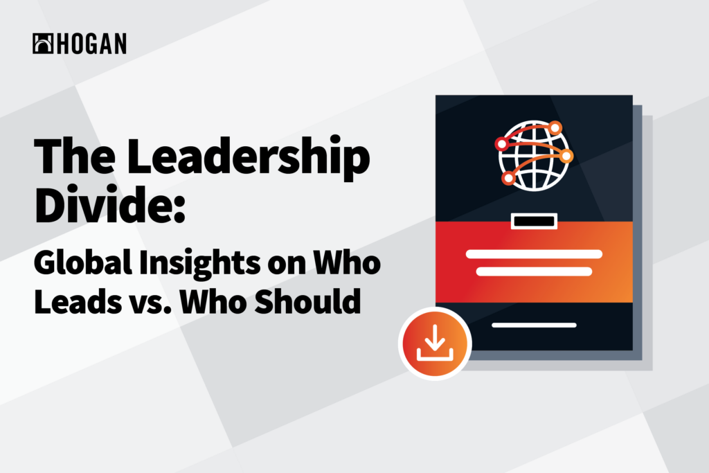 A graphic featuring the title "The Leadership Divide: Global Insights on Who Leads vs. Who Should" in bold text. Below the title is an icon of a globe connected by lines, indicating a global perspective. There is a download icon on the bottom right, suggesting that the content can be downloaded. The background is a light gray geometric pattern.