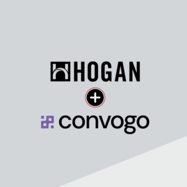 Logo design featuring the words "HOGAN" in bold black letters with a stylized arch above the letter "O," followed by a plus sign in a circular outline, and the word "convogo" in lowercase black letters with a purple icon resembling a stylized connection or link. The background is a light gray color. This image relates to the announcement that Hogan Assessments acquires Convogo.