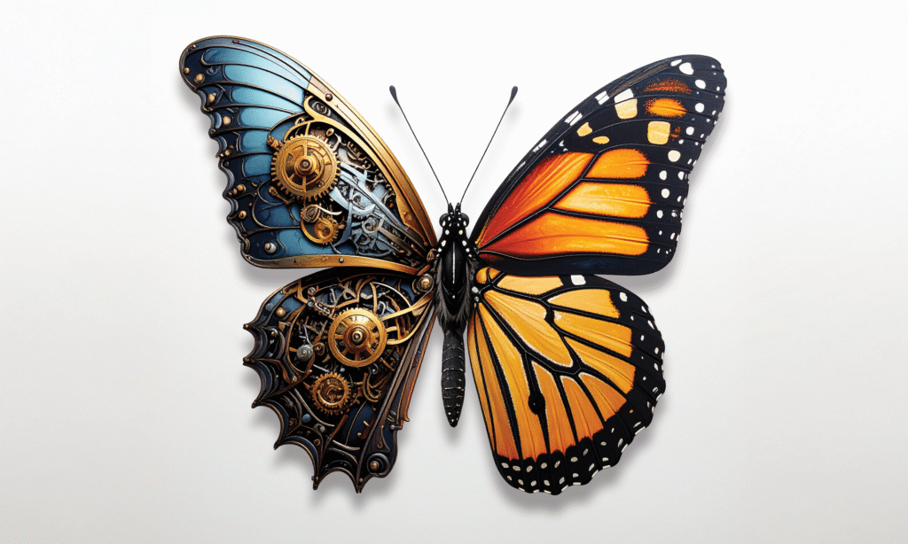A decorative butterfly sculpture with one wing featuring mechanical gears and a blue color scheme, while the other wing displays vibrant orange and black patterns typical of a monarch butterfly. The background is plain white.