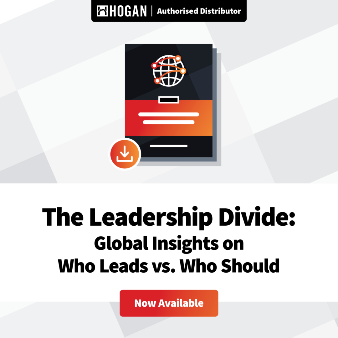 Graphic featuring a digital document with a globe icon and a download symbol, accompanied by the text "The Leadership Divide: Global Insights on Who Leads vs. Who Should." The header states "HOGAN | Authorised Distributor," and there is a button labeled "Now Available" at the bottom. The background consists of geometric shapes in light colors.